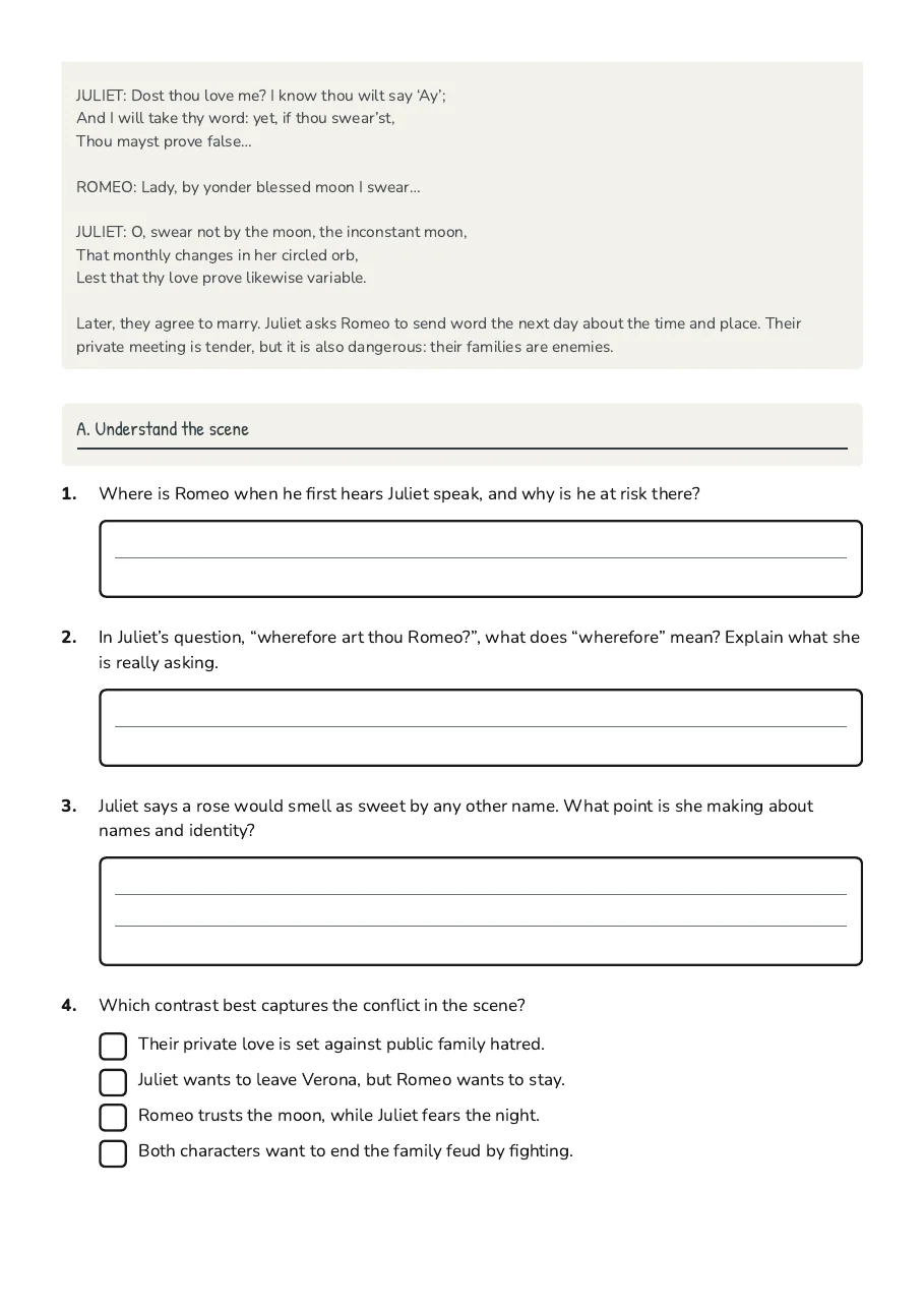 Romeo Balcony Scene Analysis, page 3 of 5: A. Understand the scene