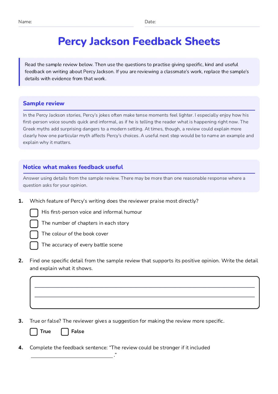 Percy Jackson Feedback Sheets, page 1 of 3: Sample review, Notice what makes feedback useful