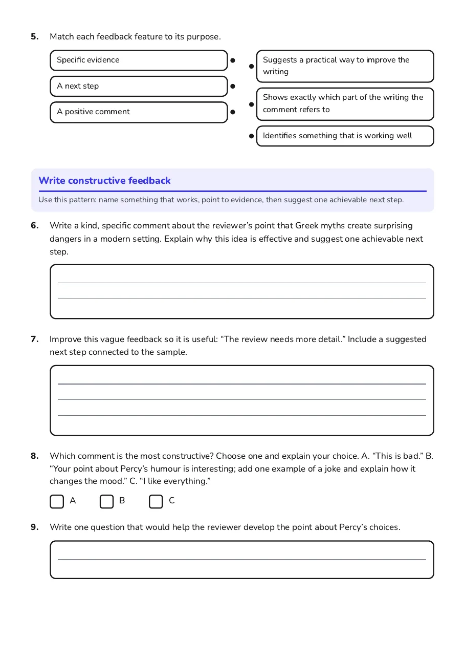Percy Jackson Feedback Sheets, page 2 of 3: Write constructive feedback