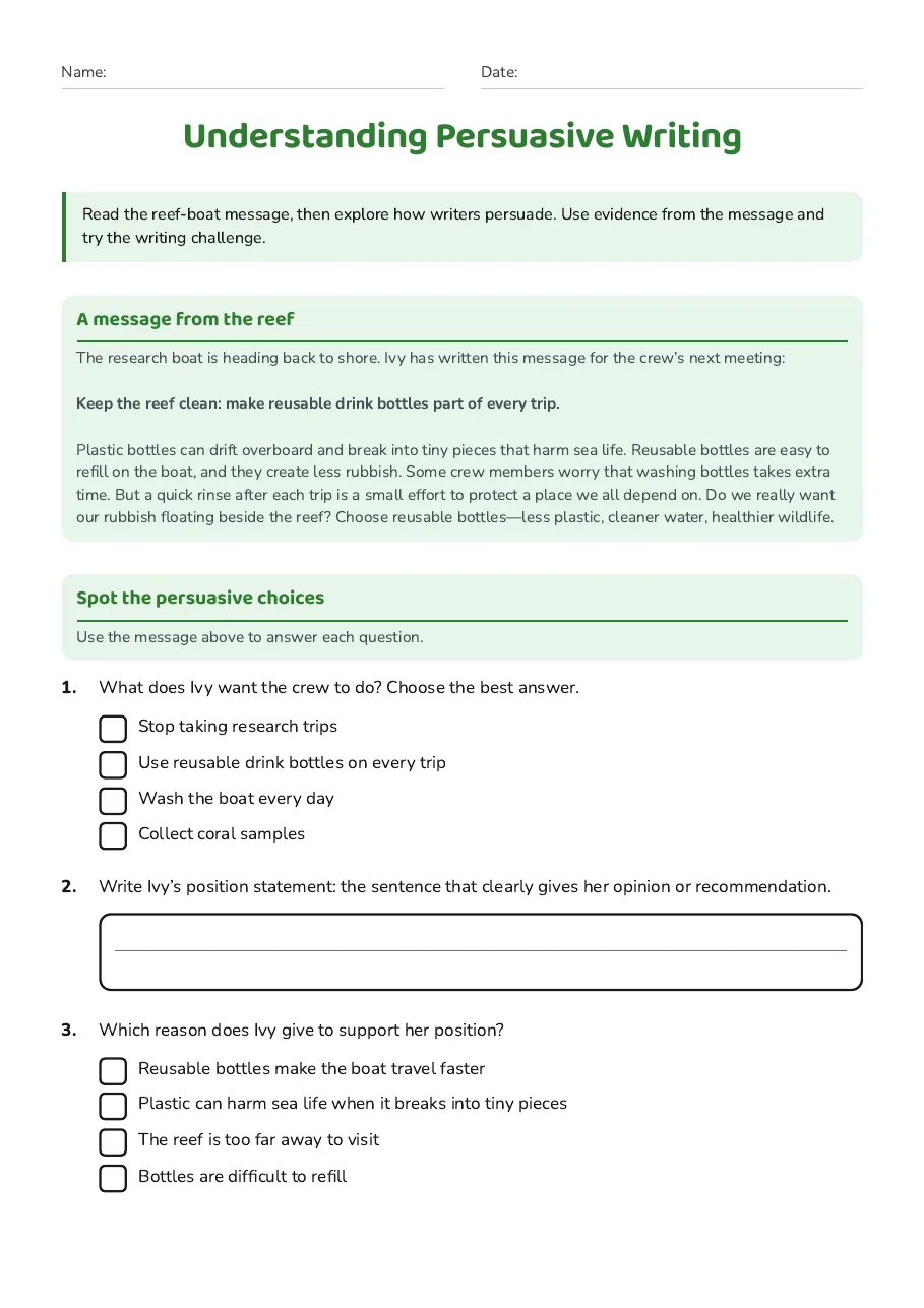 Understanding Persuasive Writing, page 1 of 3: A message from the reef, Spot the persuasive choices