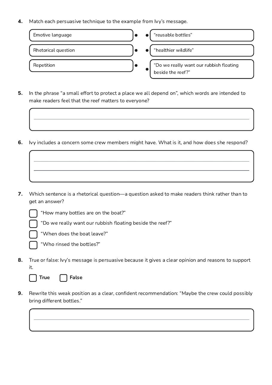 Understanding Persuasive Writing, page 2 of 3: 4. Match each persuasive technique to the example from Ivy’s message.