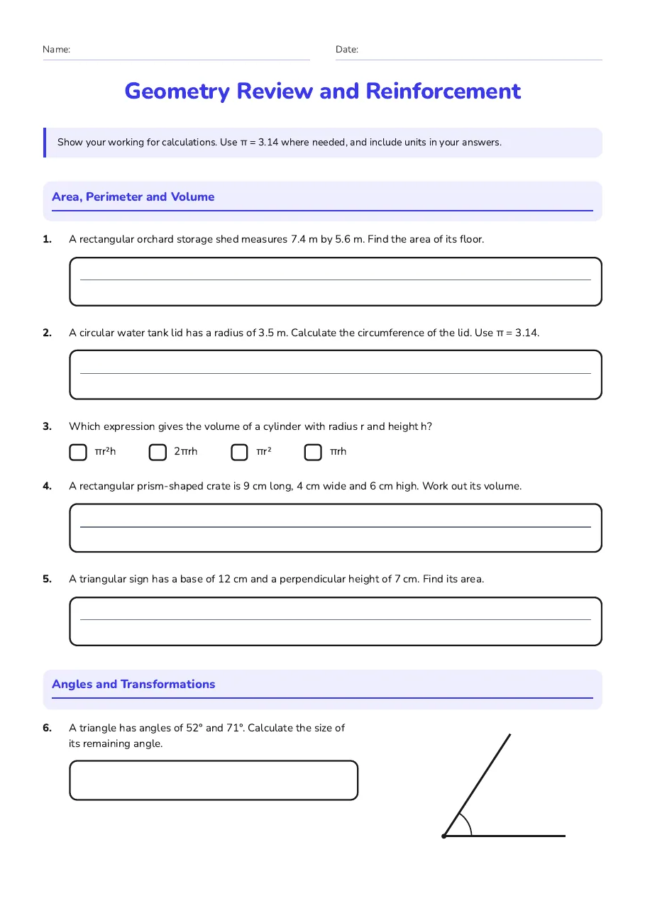 Geometry Review and Reinforcement, page 1 of 2: Area, Perimeter and Volume, Angles and Transformations