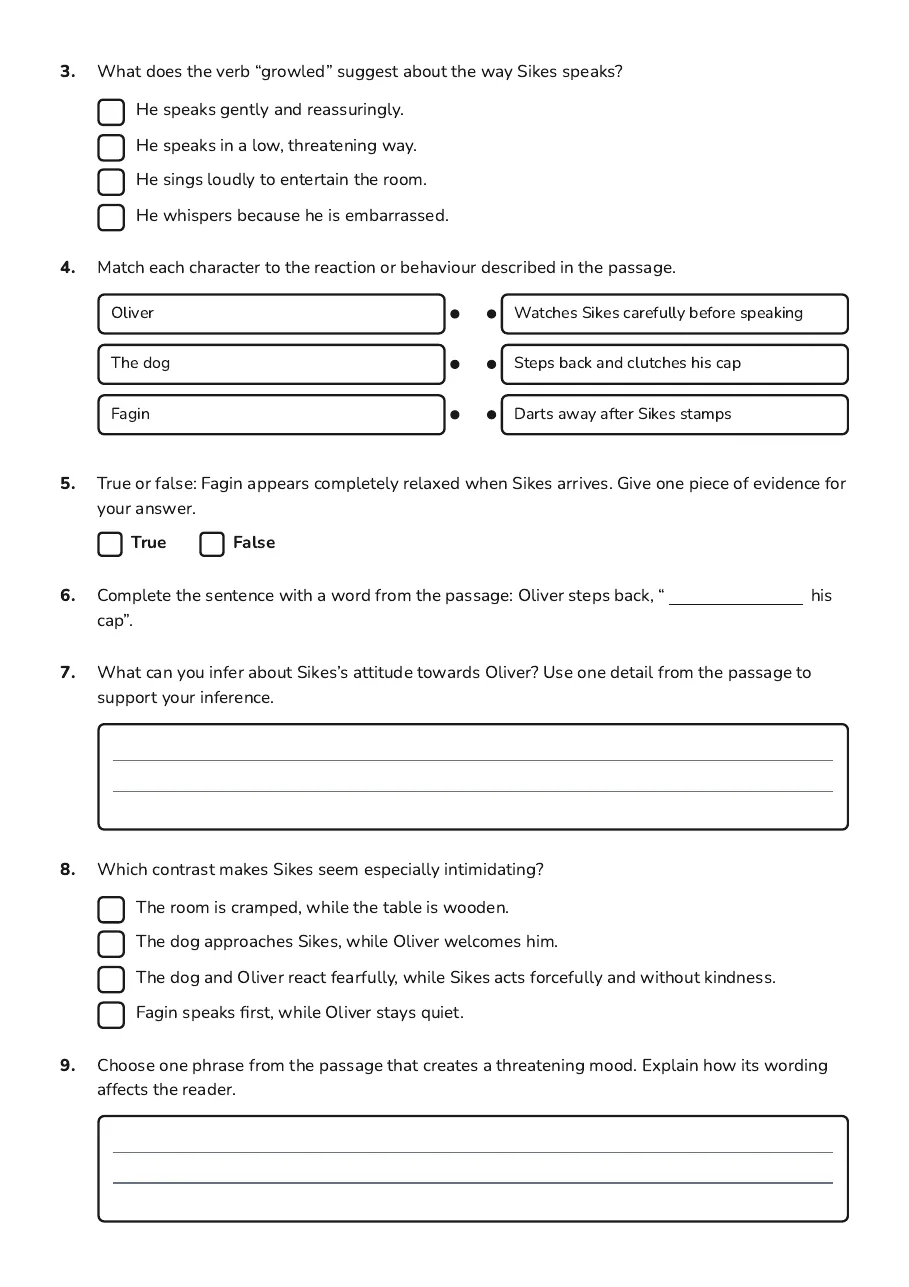 Oliver Twist Character Analysis, page 2 of 3: 3. What does the verb “growled” suggest about the way Sikes speaks?