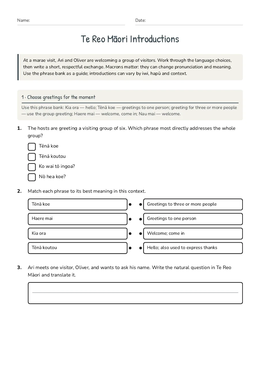 Te Reo Māori Introductions, page 1 of 3: 1 · Choose greetings for the moment