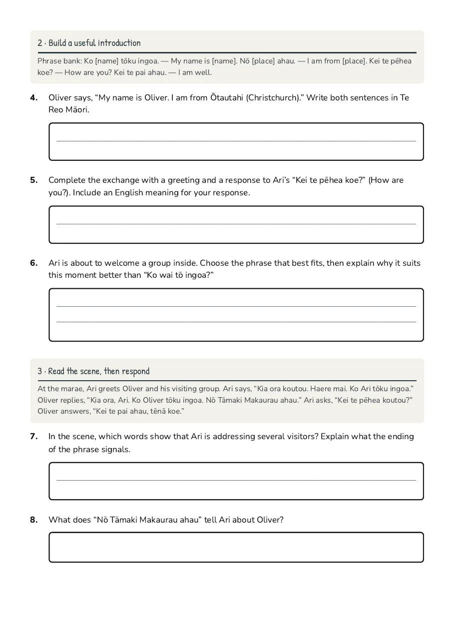 Te Reo Māori Introductions, page 2 of 3: 2 · Build a useful introduction, 3 · Read the scene, then respond
