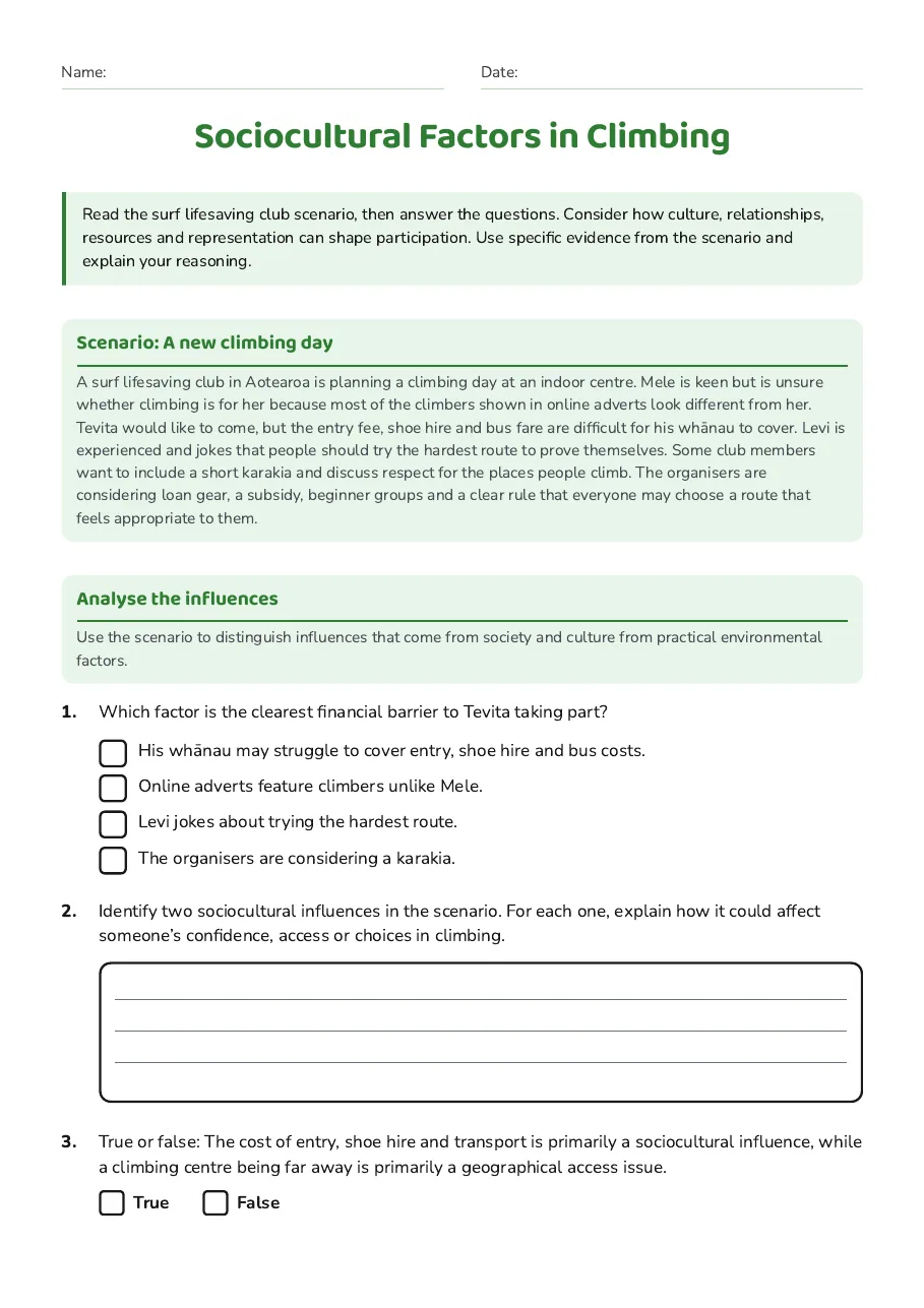 Sociocultural Factors in Climbing, page 1 of 3: Scenario: A new climbing day, Analyse the influences