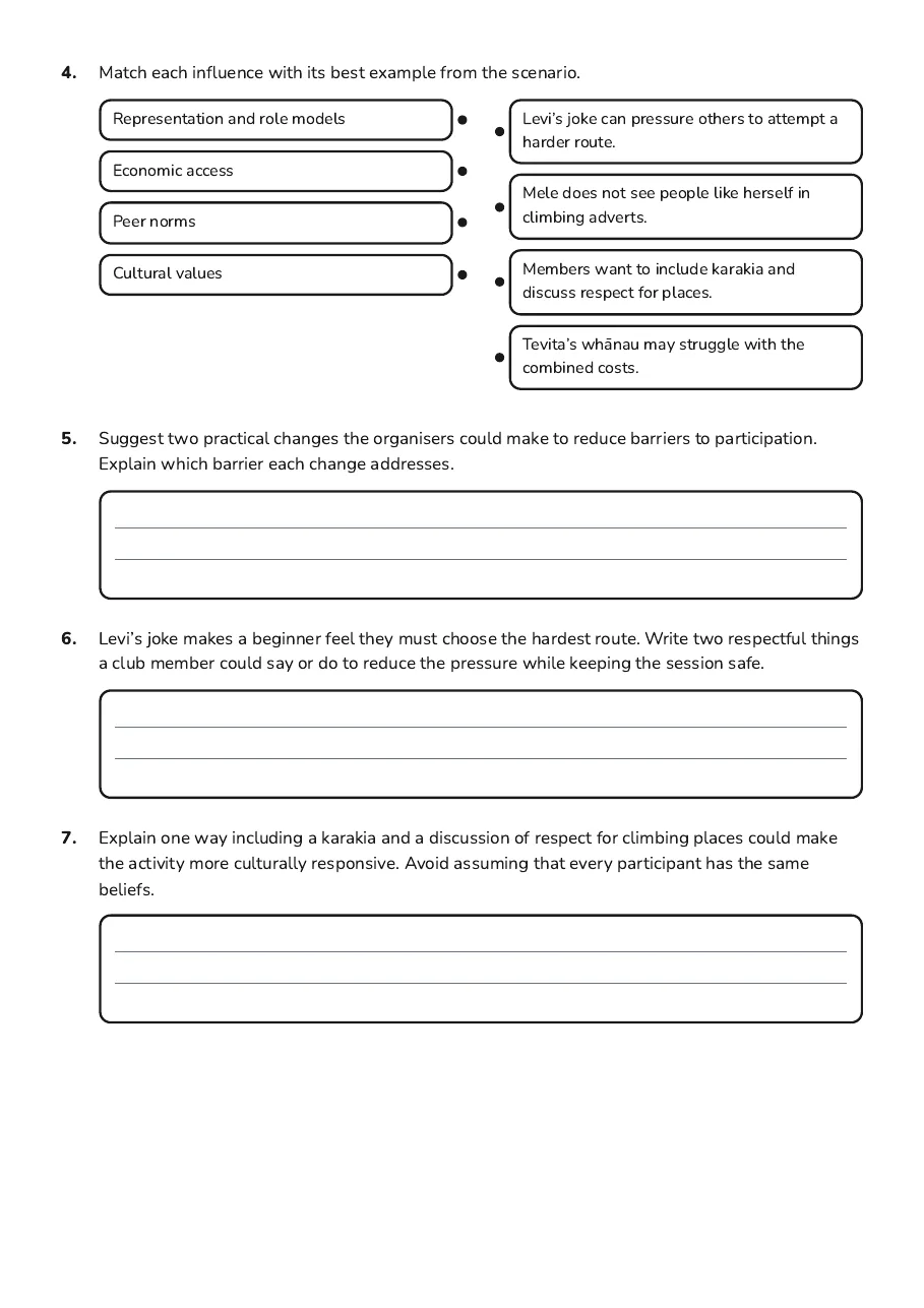 Sociocultural Factors in Climbing, page 2 of 3: 4. Match each influence with its best example from the scenario.