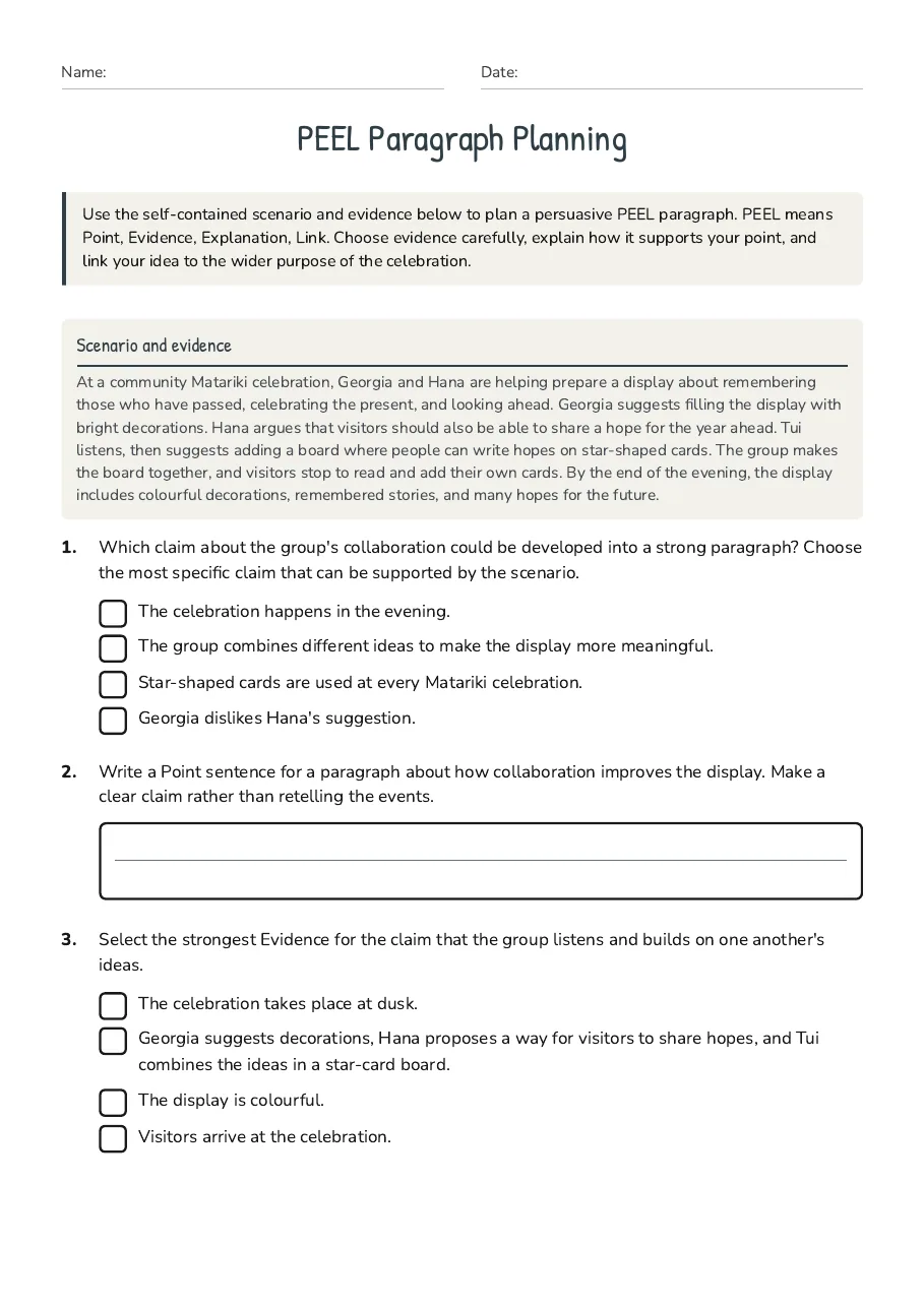 PEEL Paragraph Planning, page 1 of 3: Scenario and evidence
