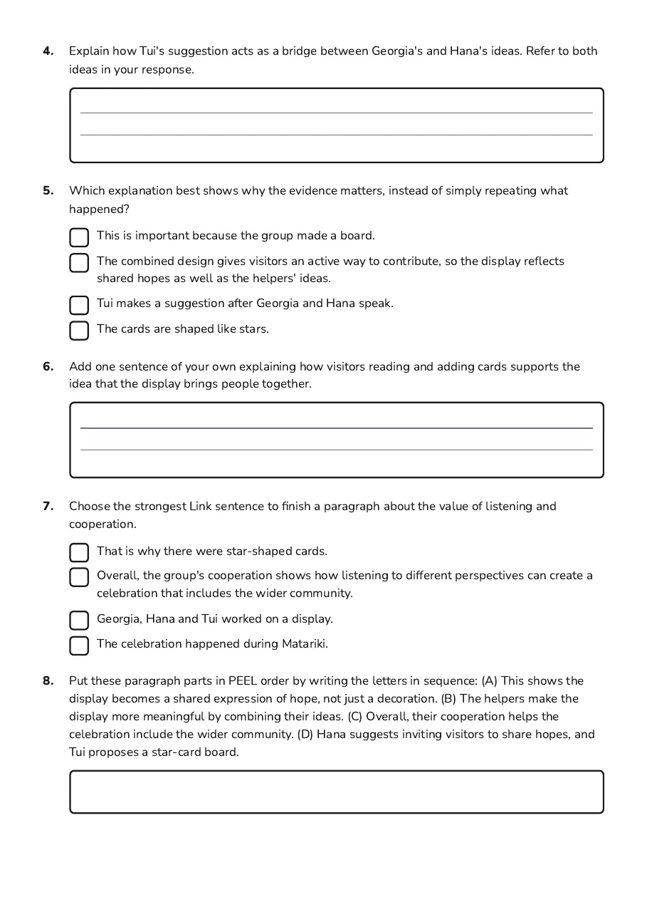 PEEL Paragraph Planning, page 2 of 3: 4. Explain how Tui's suggestion acts as a bridge between Georgia's and Hana's ideas.…