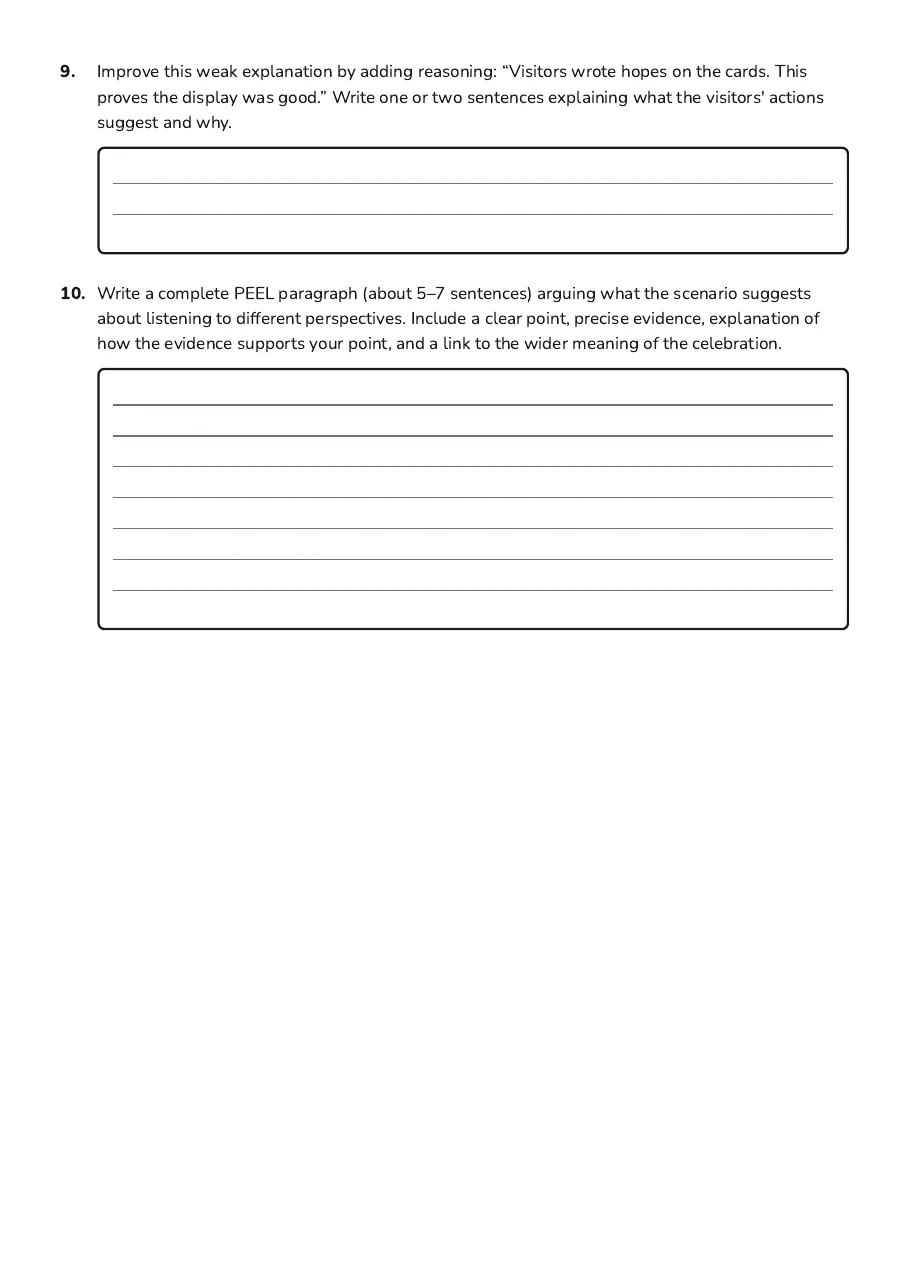 PEEL Paragraph Planning, page 3 of 3: 9. Improve this weak explanation by adding reasoning: “Visitors wrote hopes on the cards.…