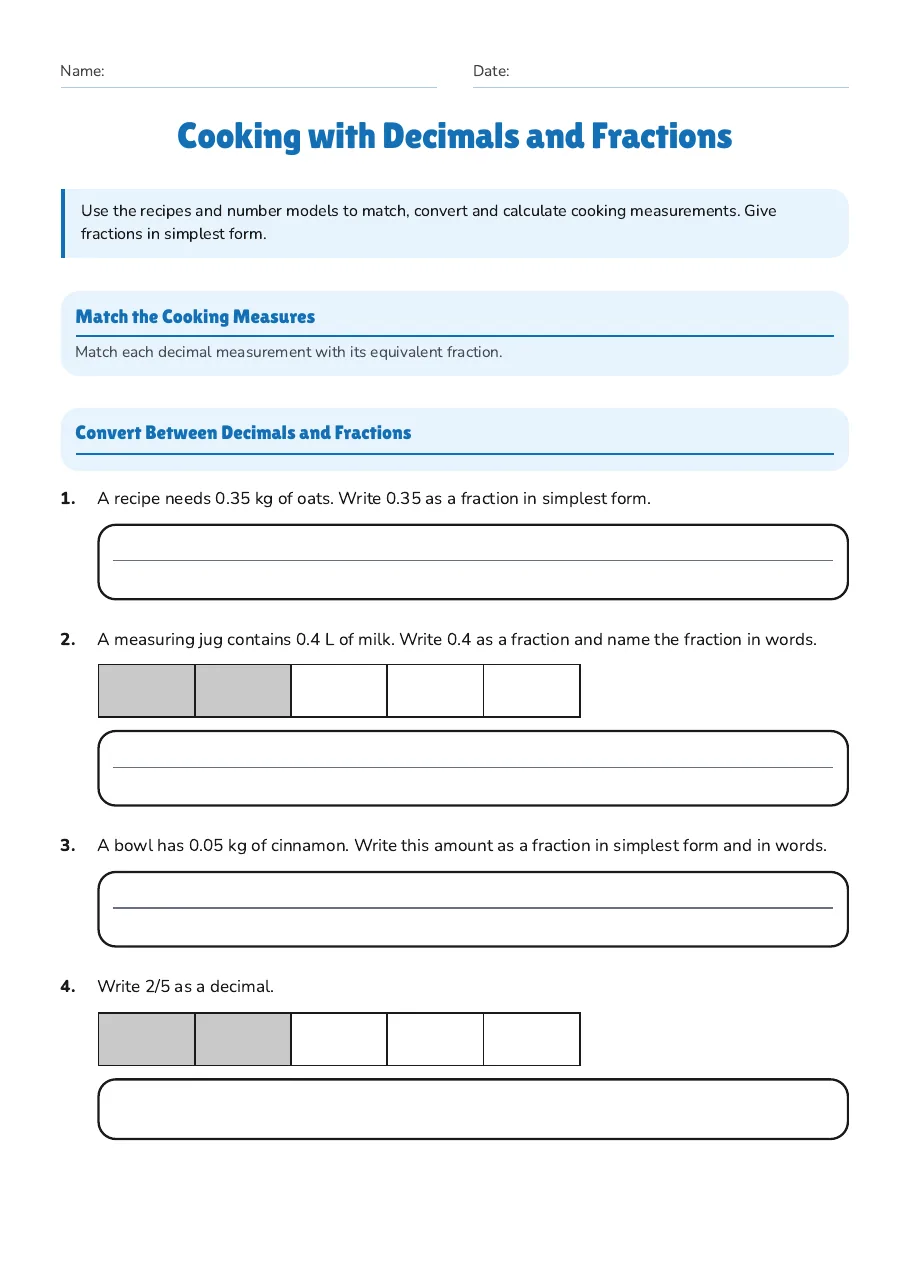 Cooking with Decimals and Fractions, page 1 of 3: Match the Cooking Measures, Convert Between Decimals and Fractions