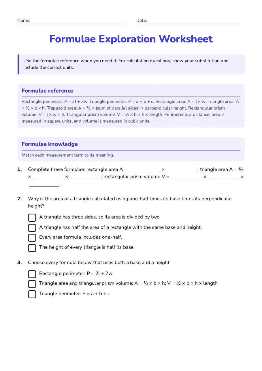 Formulae Exploration Worksheet, page 1 of 3: Formulae reference, Formulae knowledge