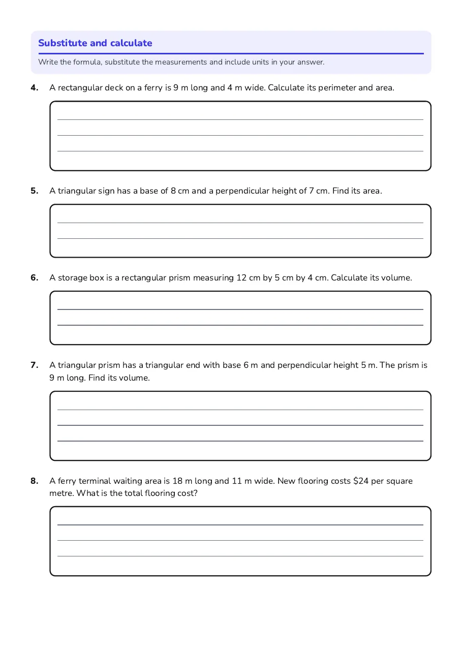 Formulae Exploration Worksheet, page 2 of 3: Substitute and calculate