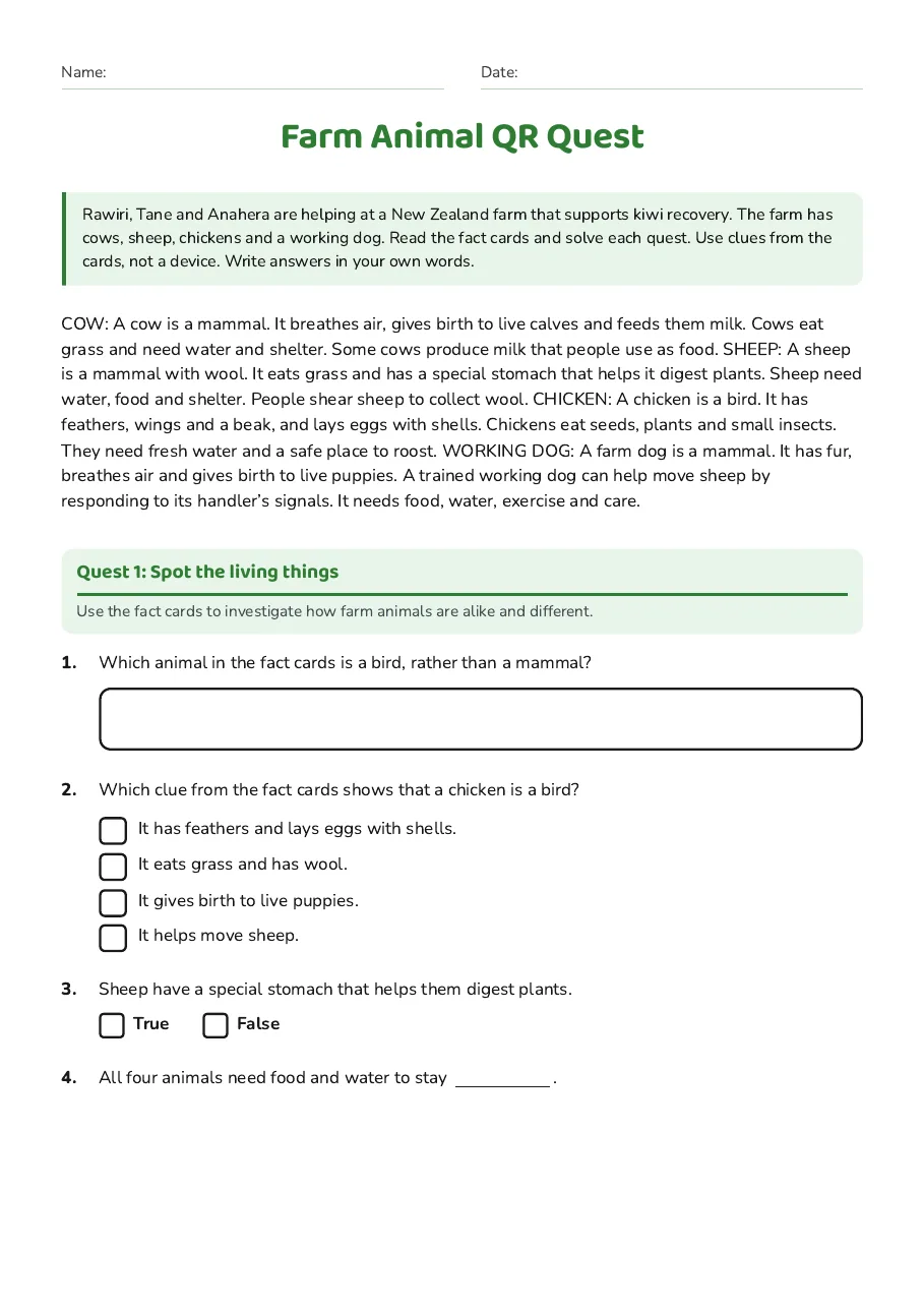 Farm Animal QR Quest, page 1 of 3: Quest 1: Spot the living things