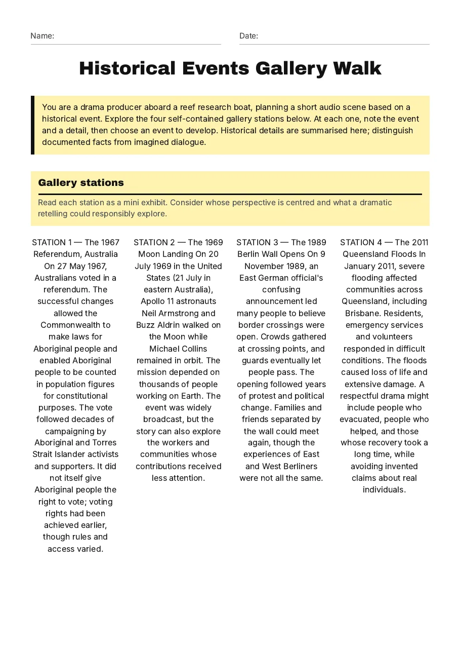 Historical Events Gallery Walk, page 1 of 3: Gallery stations