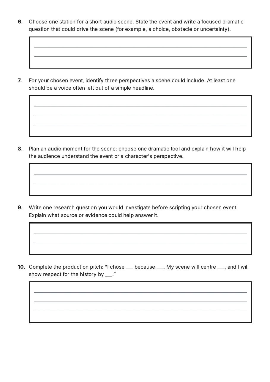 Historical Events Gallery Walk, page 3 of 3: 6. Choose one station for a short audio scene. State the event and write a focused…