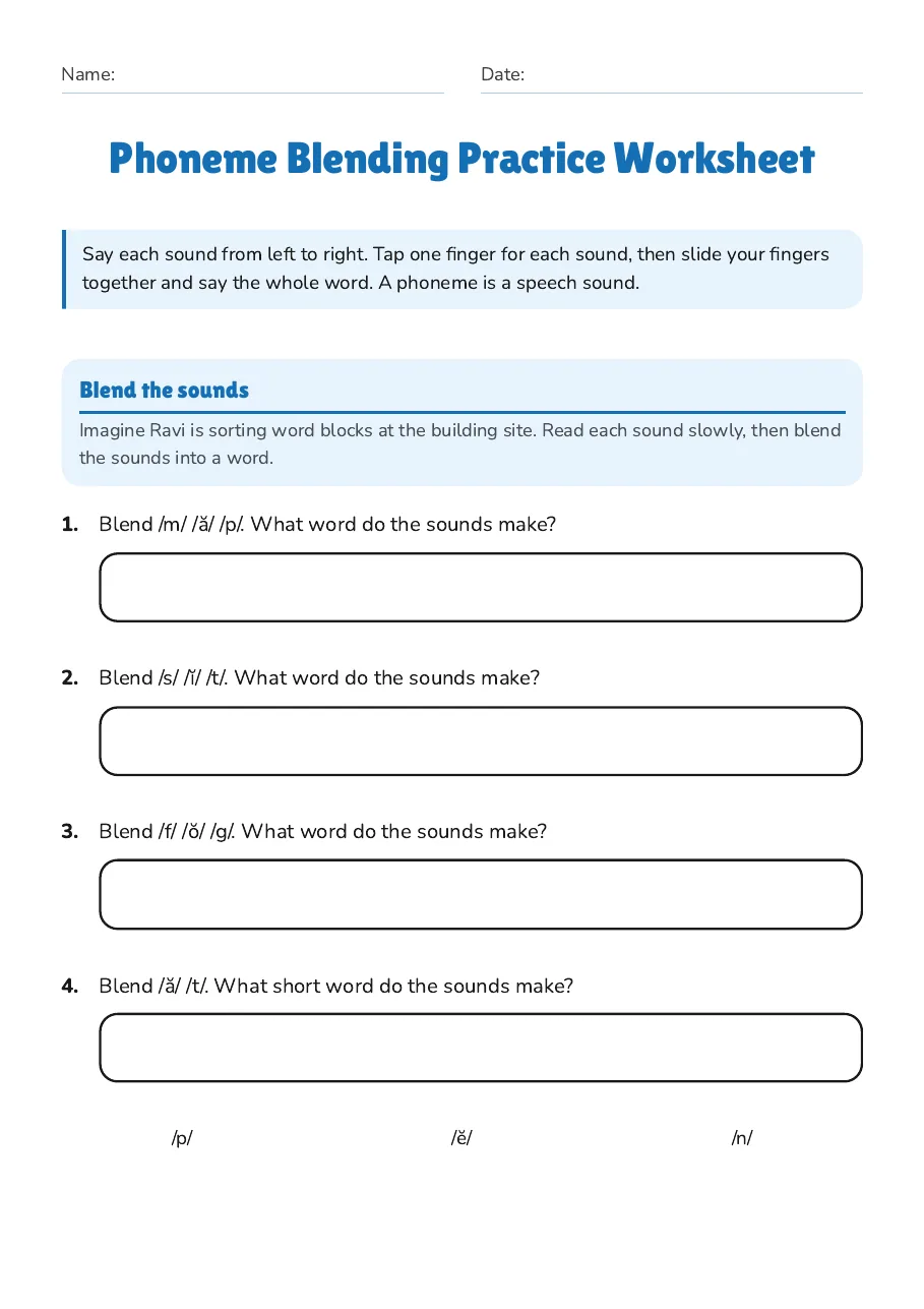 Phoneme Blending Practice Worksheet, page 1 of 2: Blend the sounds