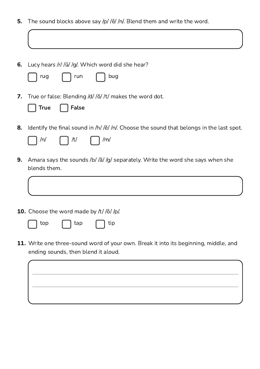Phoneme Blending Practice Worksheet, page 2 of 2: 5. The sound blocks above say /p/ /ĕ/ /n/. Blend them and write the word.