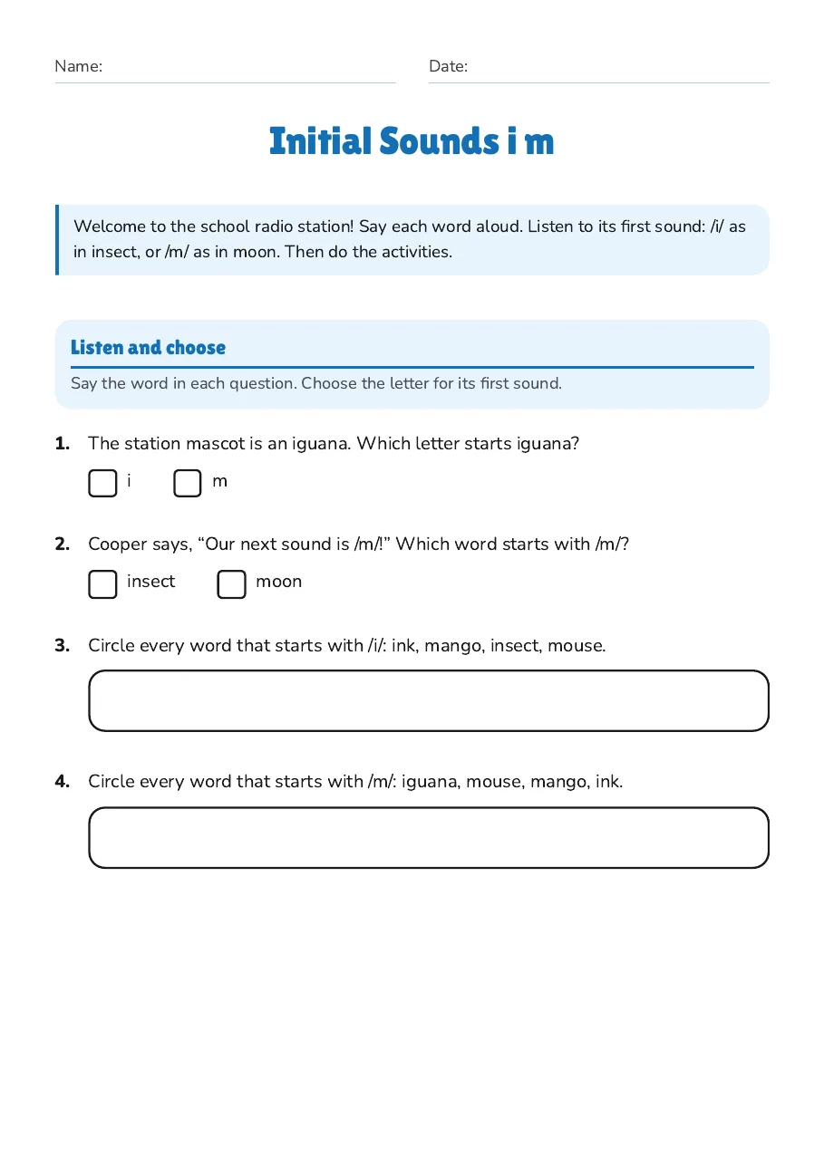 Initial Sounds i m, page 1 of 3: Listen and choose