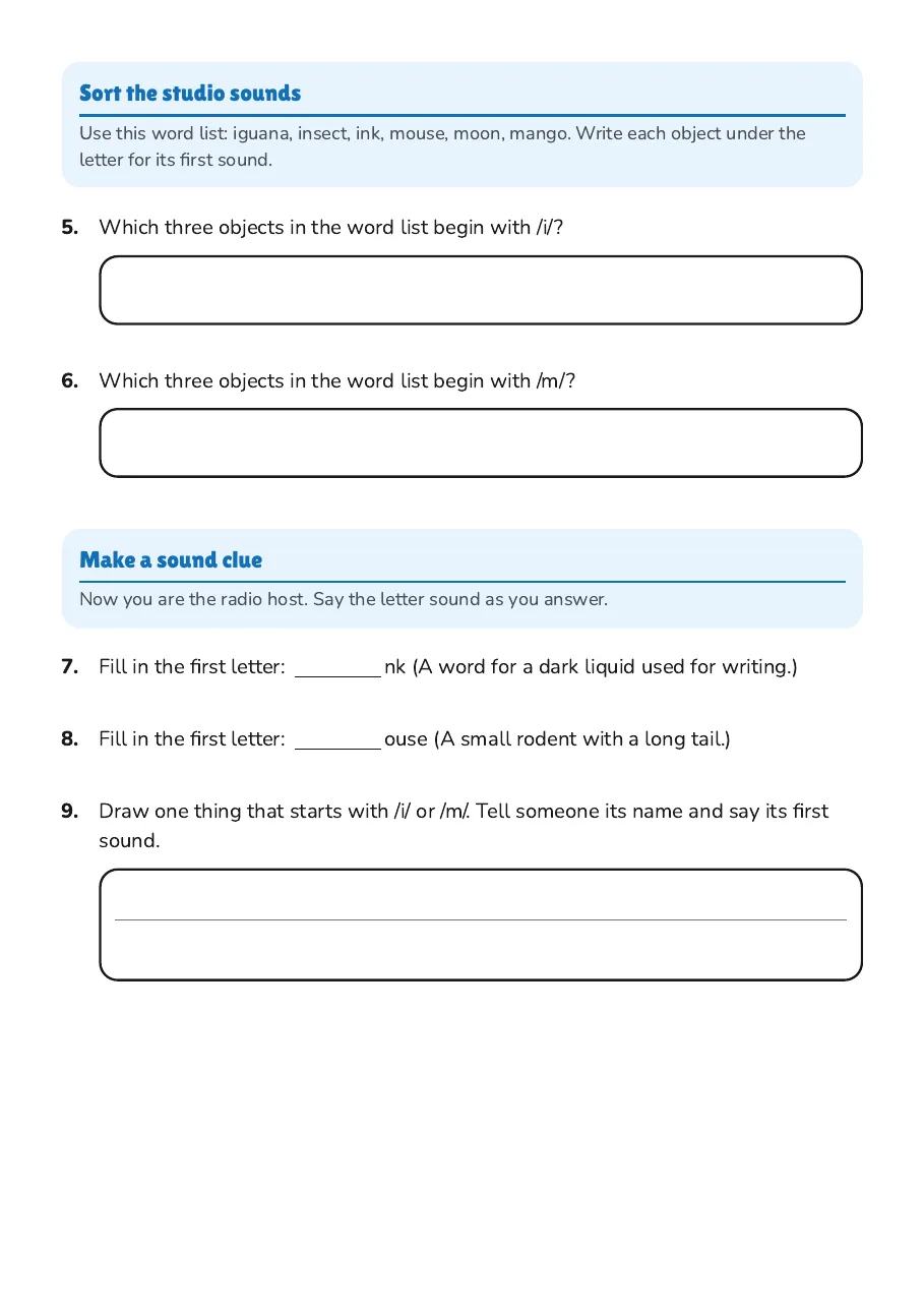 Initial Sounds i m, page 2 of 3: Sort the studio sounds, Make a sound clue