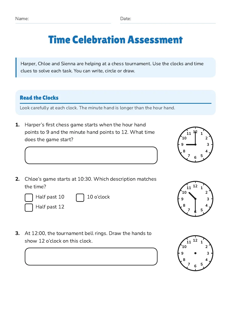 Time Celebration Assessment, page 1 of 3: Read the Clocks