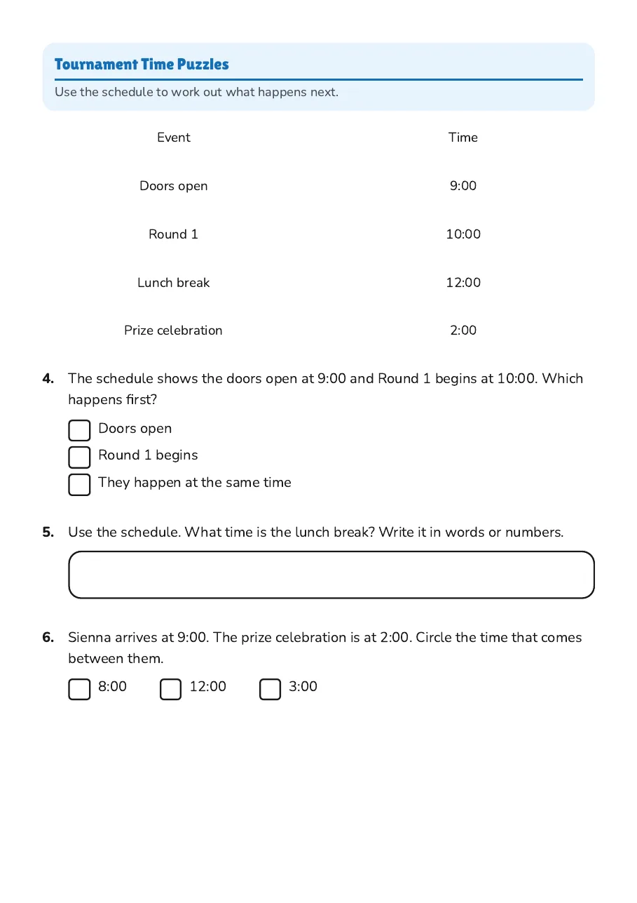 Time Celebration Assessment, page 2 of 3: Tournament Time Puzzles