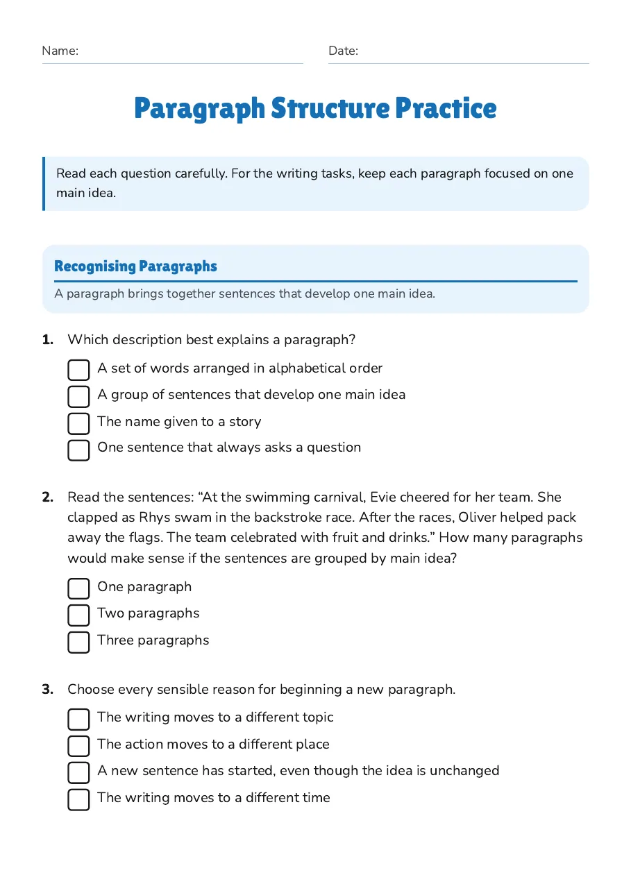 Paragraph Structure Practice, page 1 of 3: Recognising Paragraphs