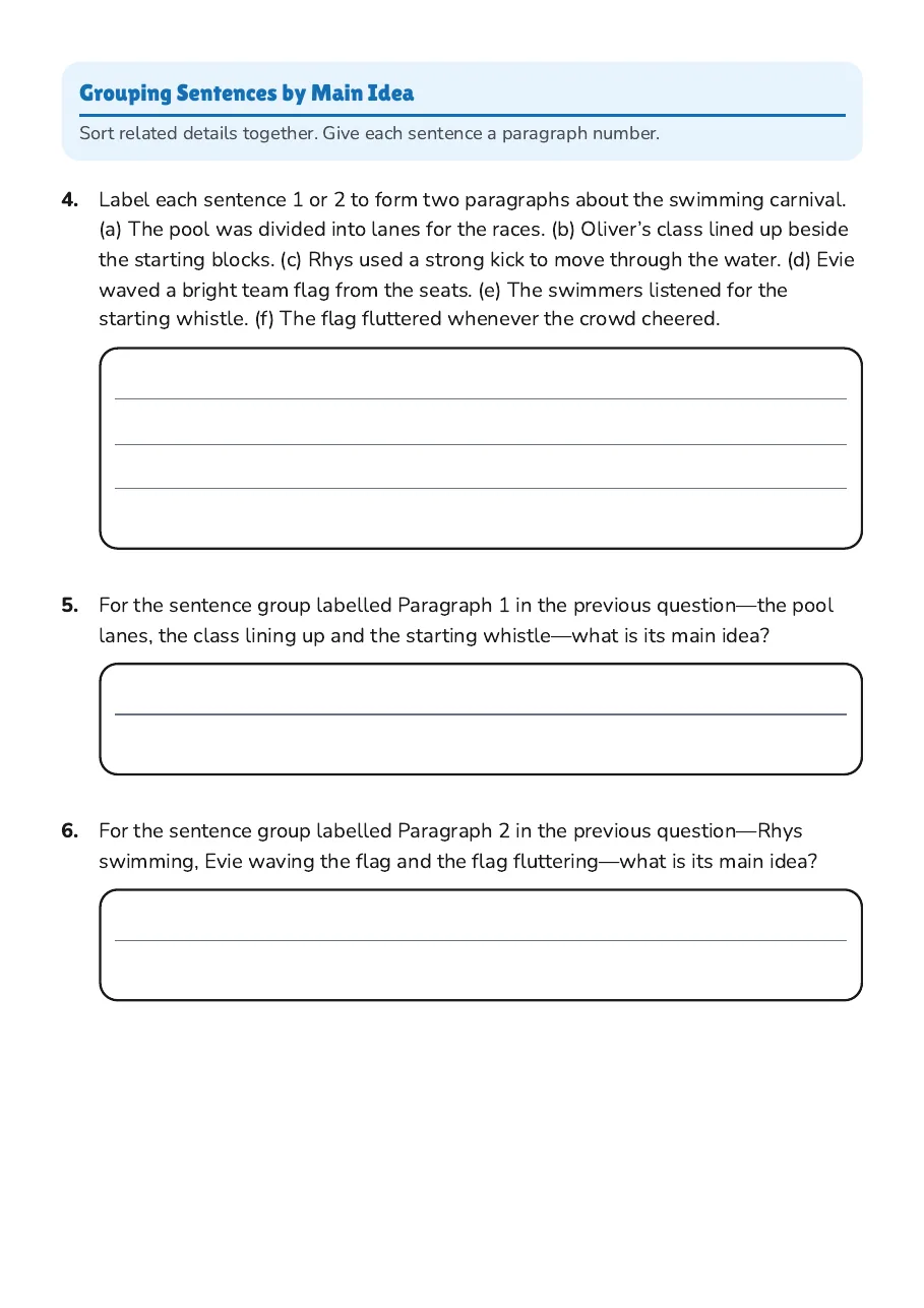 Paragraph Structure Practice, page 2 of 3: Grouping Sentences by Main Idea