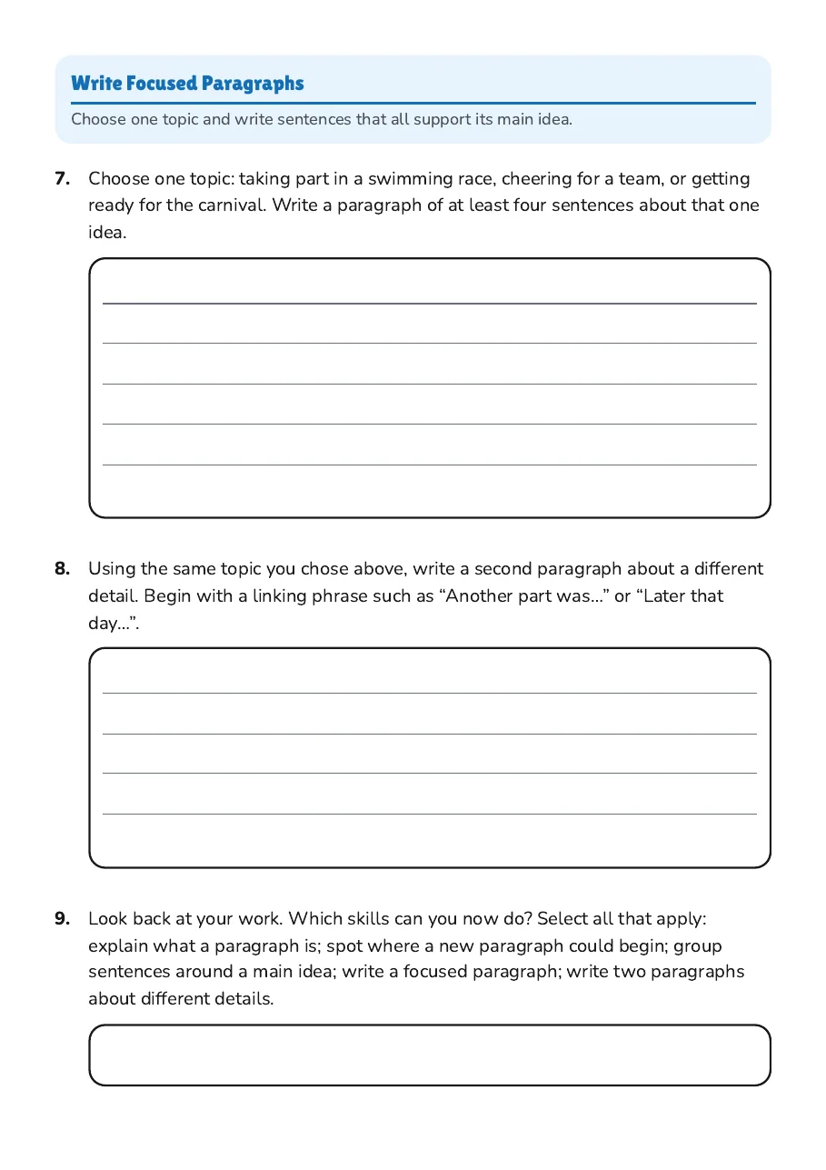 Paragraph Structure Practice, page 3 of 3: Write Focused Paragraphs