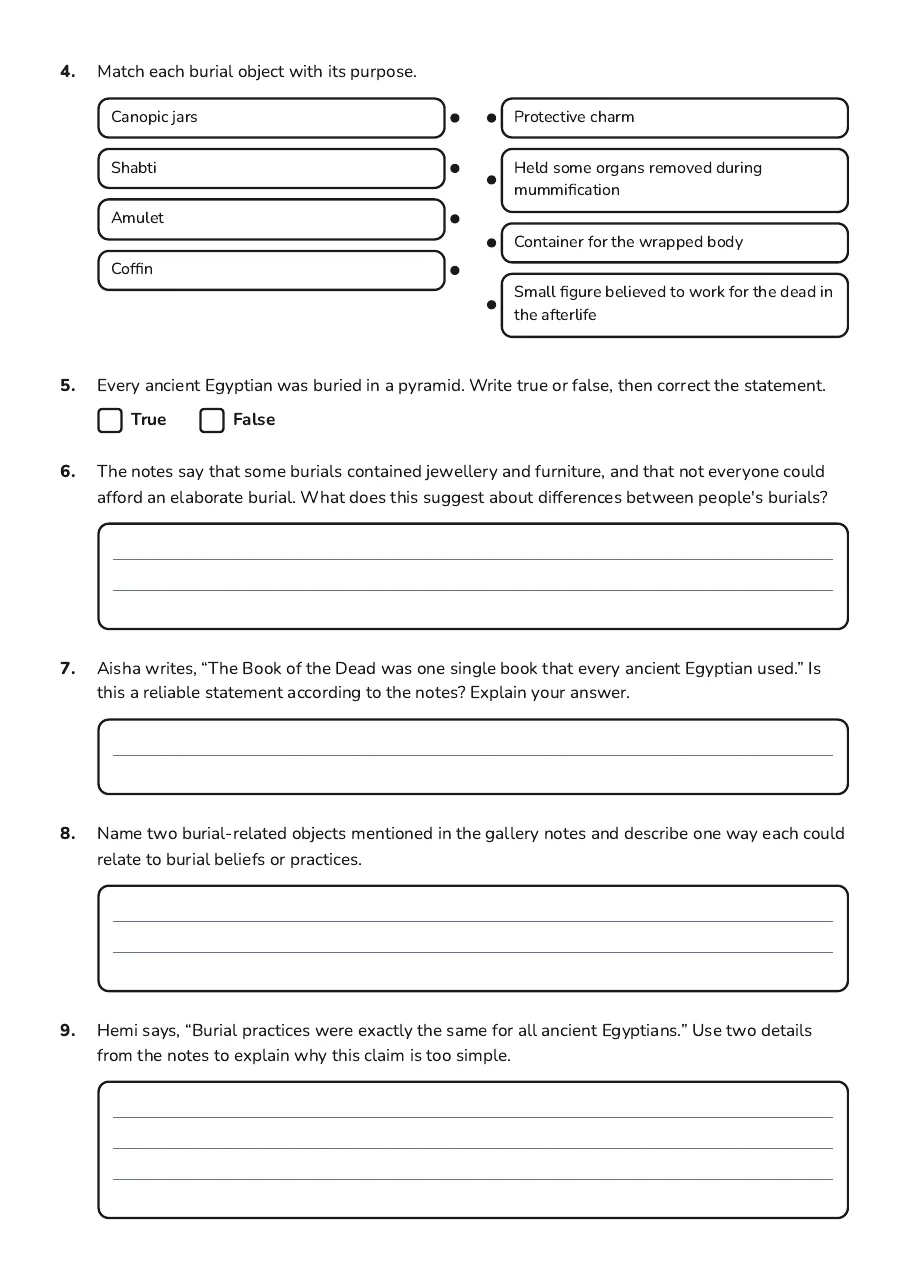 Ancient Egyptian Burial Practices, page 2 of 3: 4. Match each burial object with its purpose.