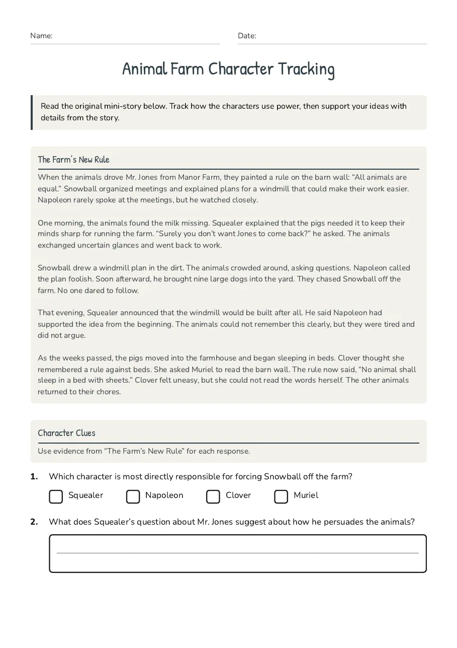 Animal Farm Character Tracking, page 1 of 3: The Farm’s New Rule, Character Clues