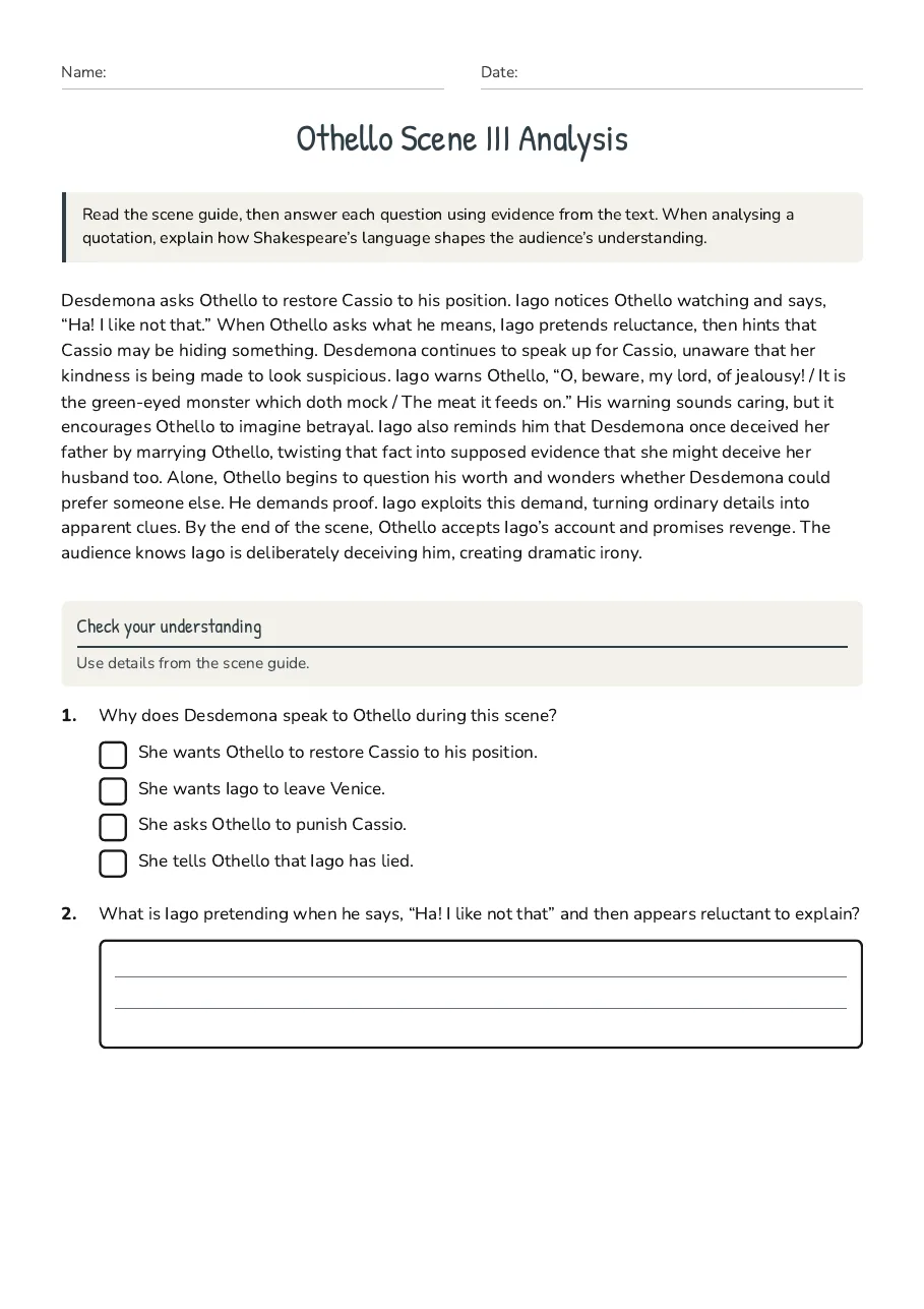 Othello Scene III Analysis, page 1 of 3: Check your understanding