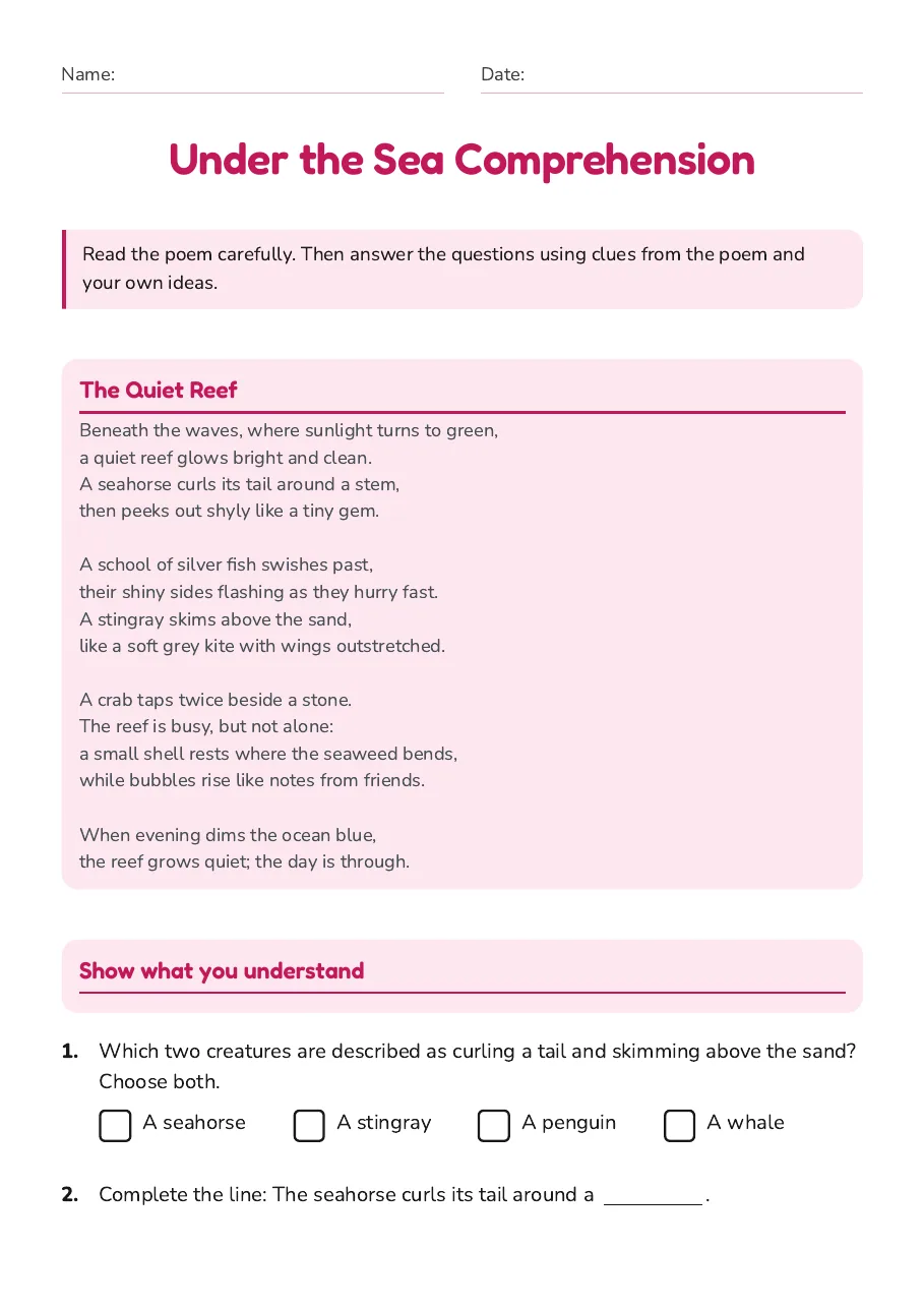 Under the Sea Comprehension, page 1 of 3: The Quiet Reef, Show what you understand