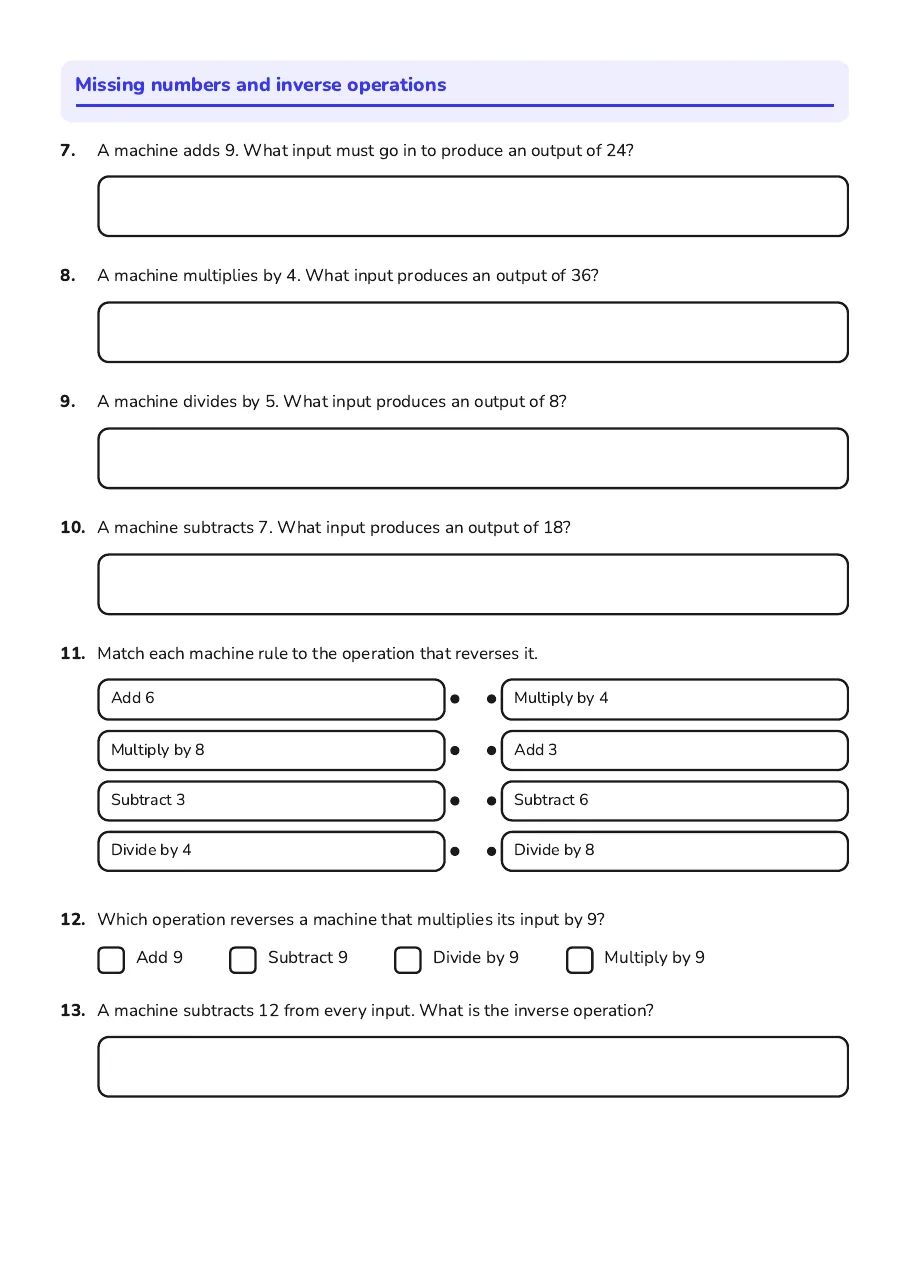 Function Machines Introduction, page 2 of 3: Missing numbers and inverse operations