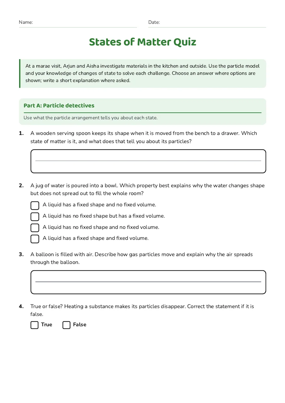States of Matter Quiz, page 1 of 3: Part A: Particle detectives