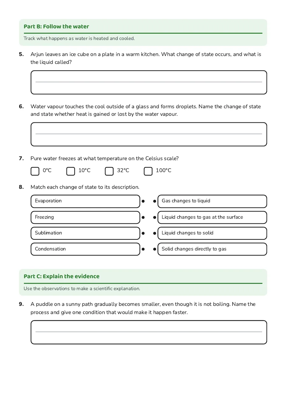 States of Matter Quiz, page 2 of 3: Part B: Follow the water, Part C: Explain the evidence