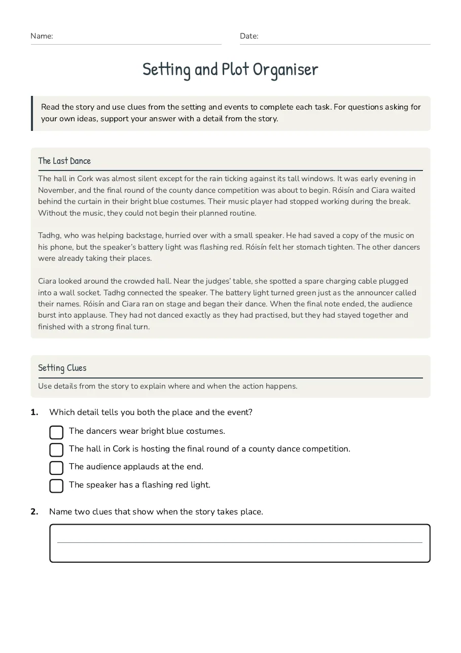 Setting and Plot Organiser, page 1 of 3: The Last Dance, Setting Clues