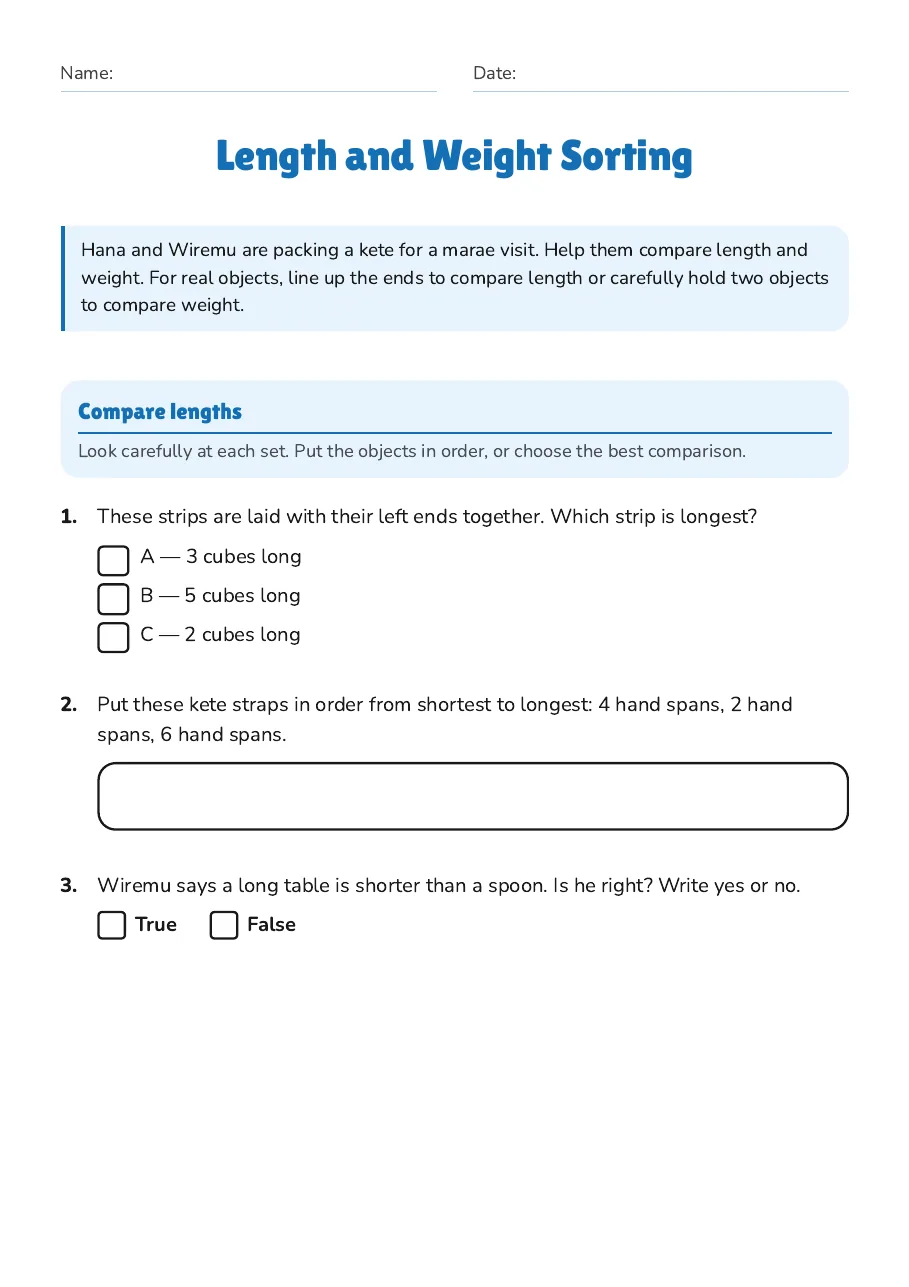 Length and Weight Sorting, page 1 of 3: Compare lengths