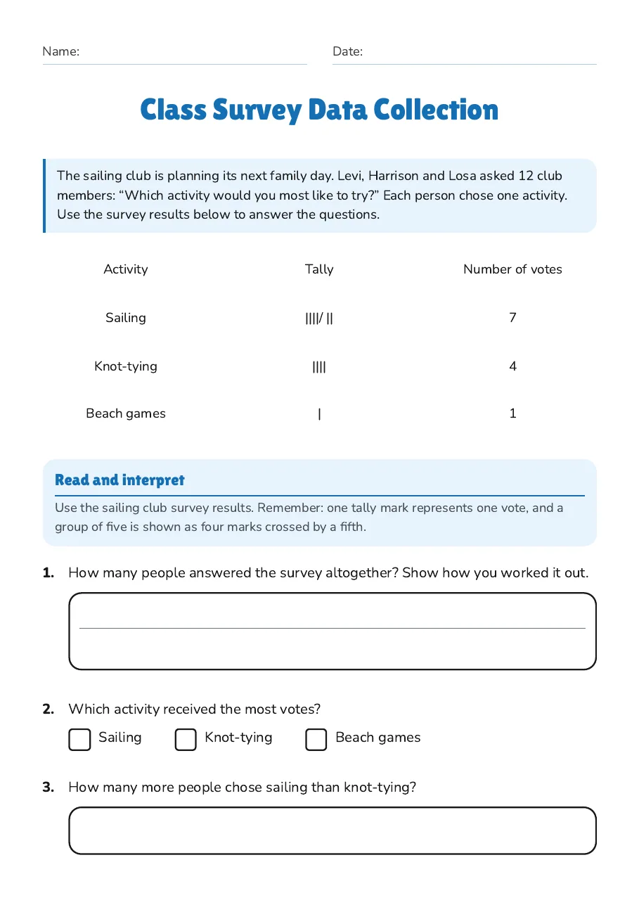 Class Survey Data Collection, page 1 of 3: Read and interpret