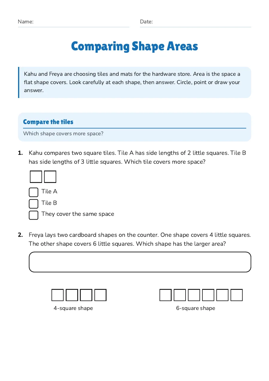 Comparing Shape Areas, page 1 of 3: Compare the tiles