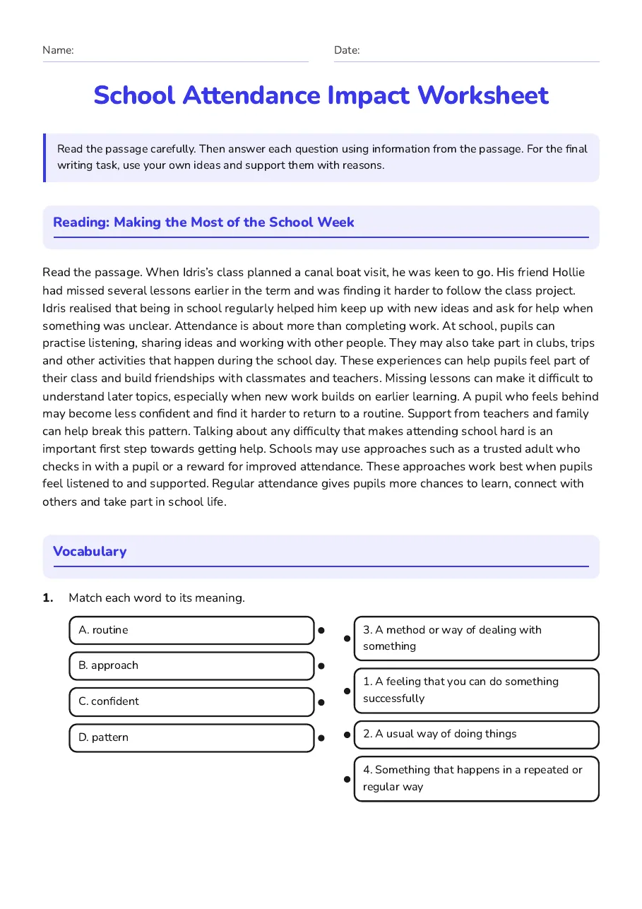 School Attendance Impact Worksheet, page 1 of 3: Reading: Making the Most of the School Week, Vocabulary