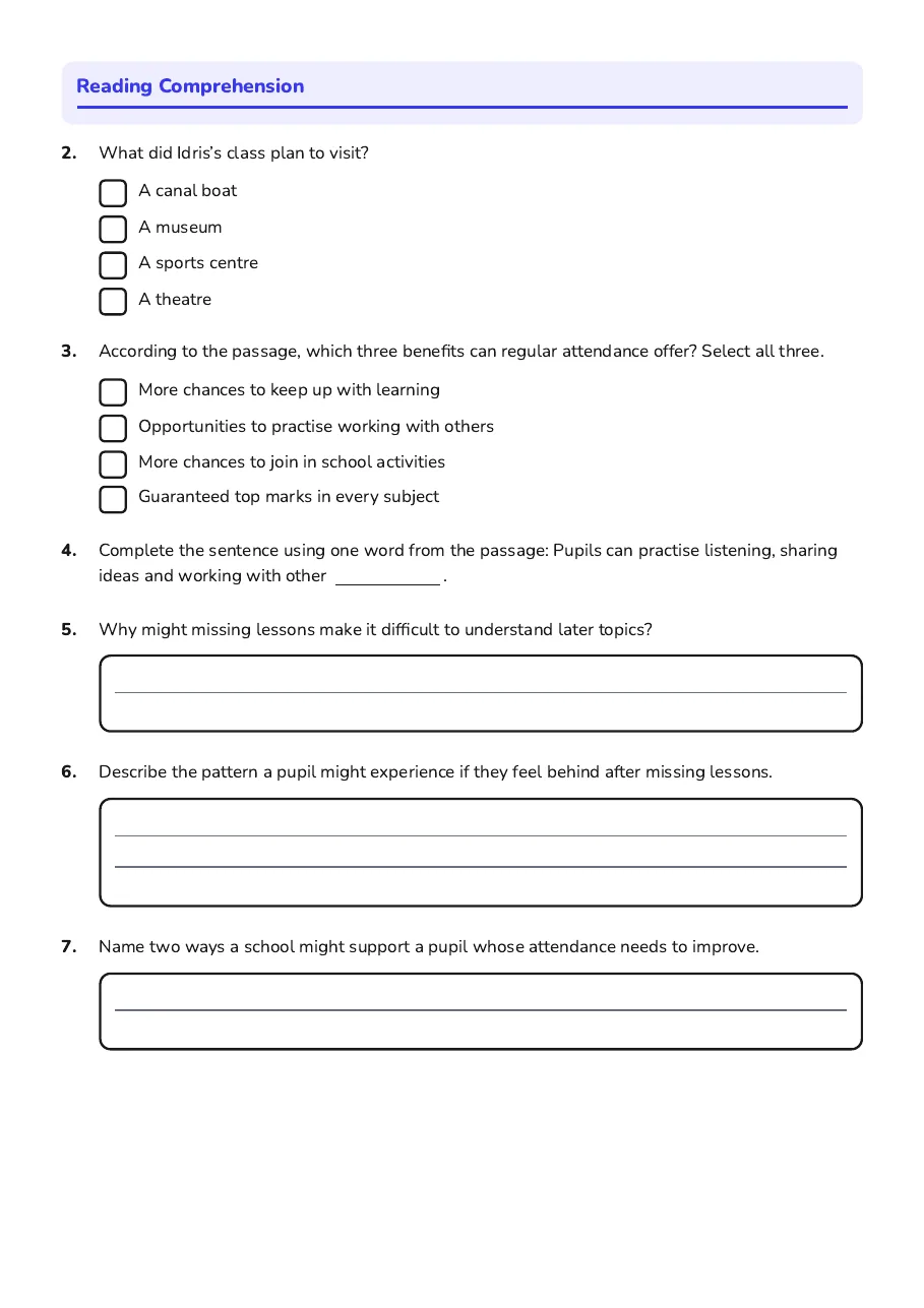 School Attendance Impact Worksheet, page 2 of 3: Reading Comprehension