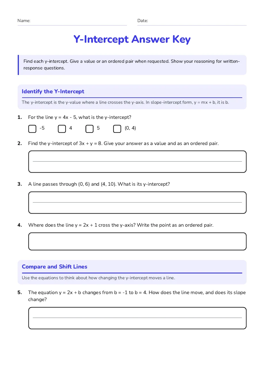 Y-Intercept Answer Key, page 1 of 2: Identify the Y-Intercept, Compare and Shift Lines