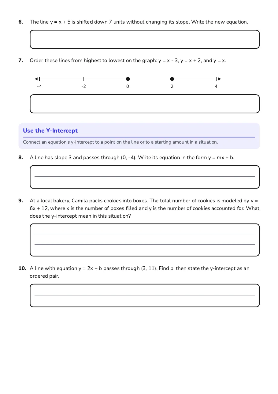 Y-Intercept Answer Key, page 2 of 2: Use the Y-Intercept