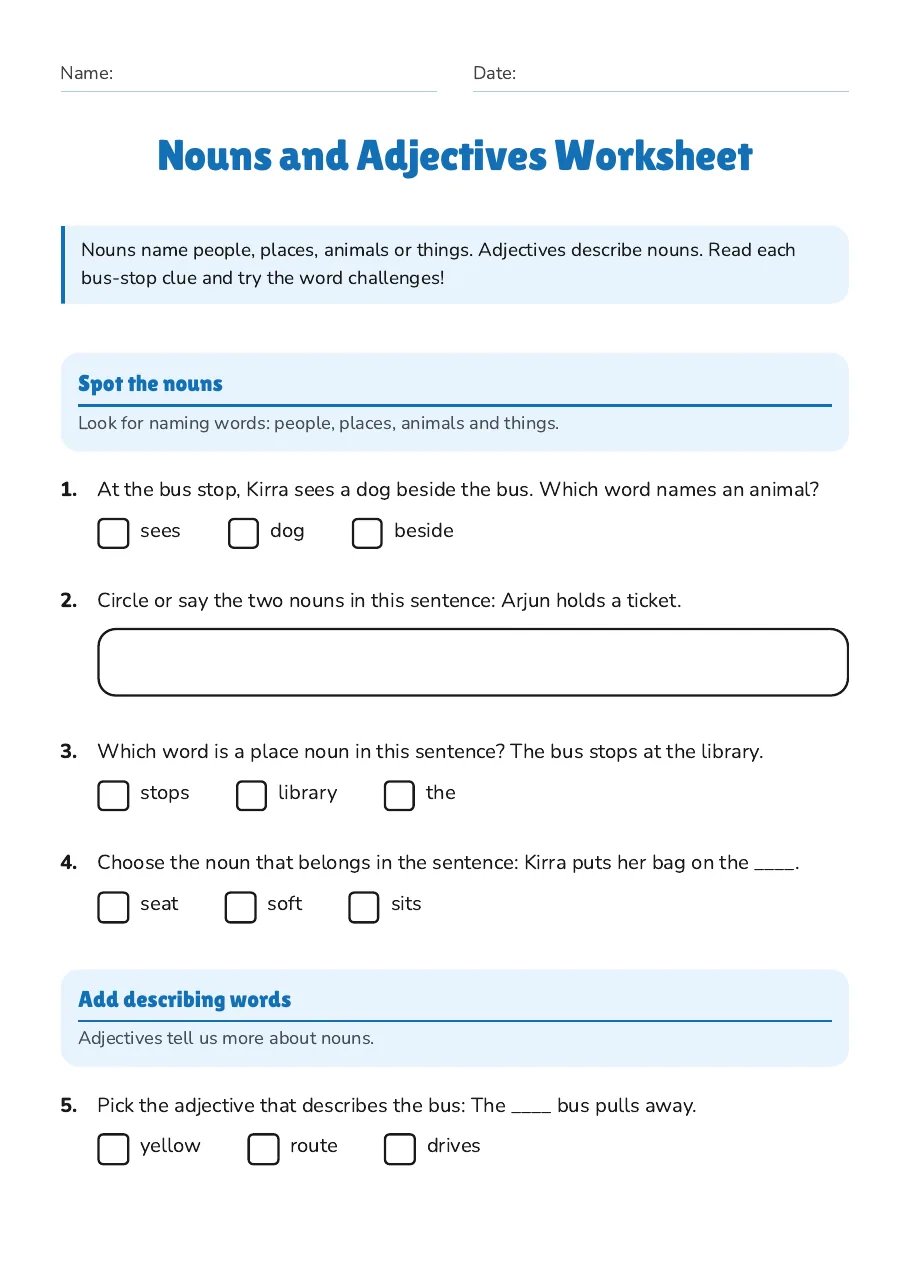 Nouns and Adjectives Worksheet, page 1 of 2: Spot the nouns, Add describing words