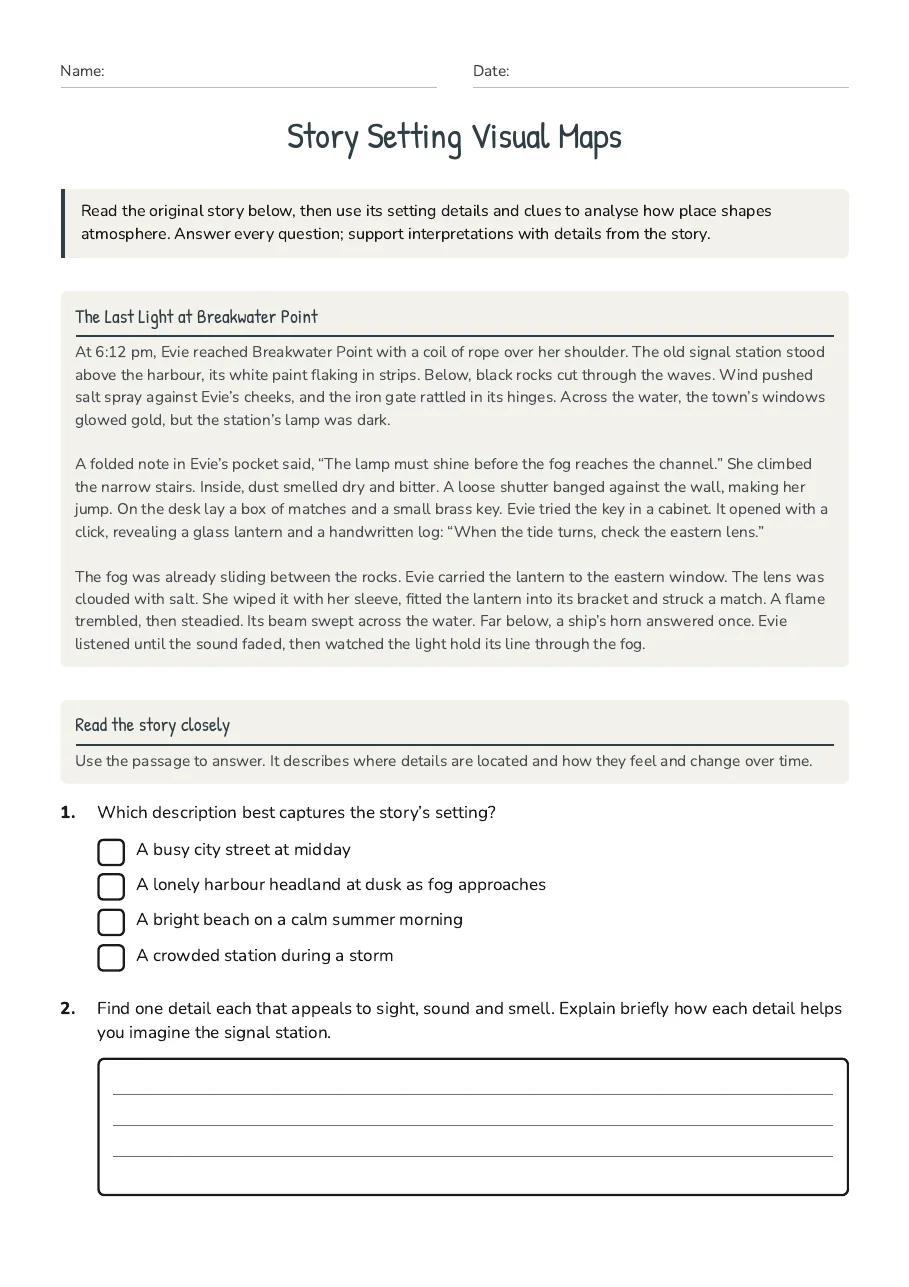 Story Setting Visual Maps, page 1 of 3: The Last Light at Breakwater Point, Read the story closely