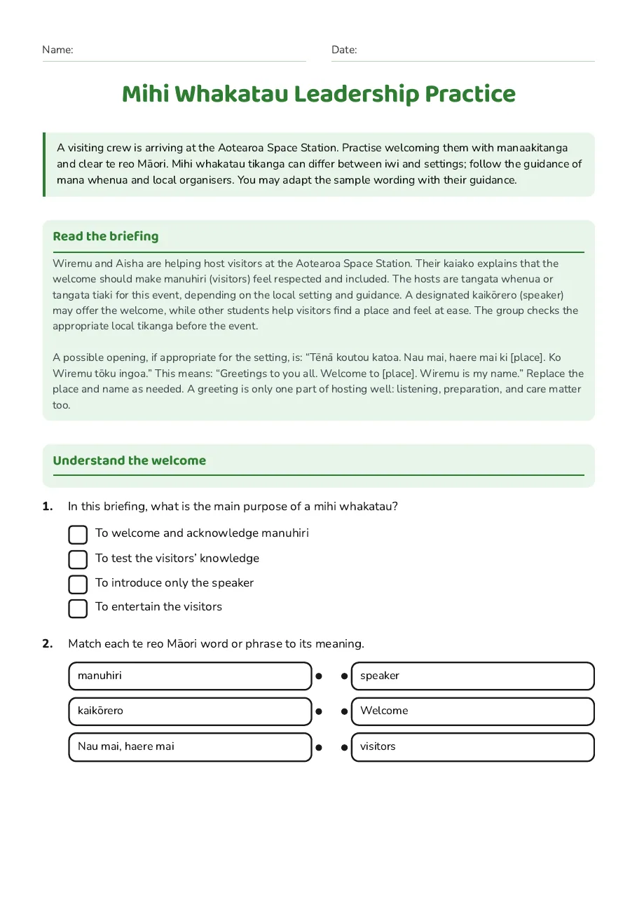 Mihi Whakatau Leadership Practice, page 1 of 3: Read the briefing, Understand the welcome