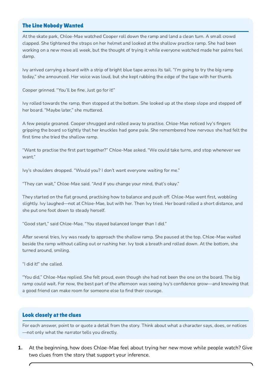 Friendship Insights Reading, page 2 of 4: The Line Nobody Wanted, Look closely at the clues