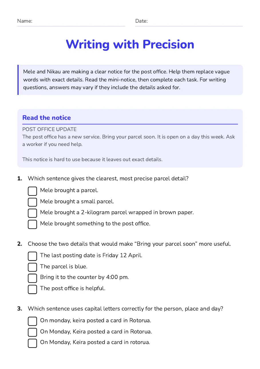 Writing with Precision, page 1 of 3: Read the notice