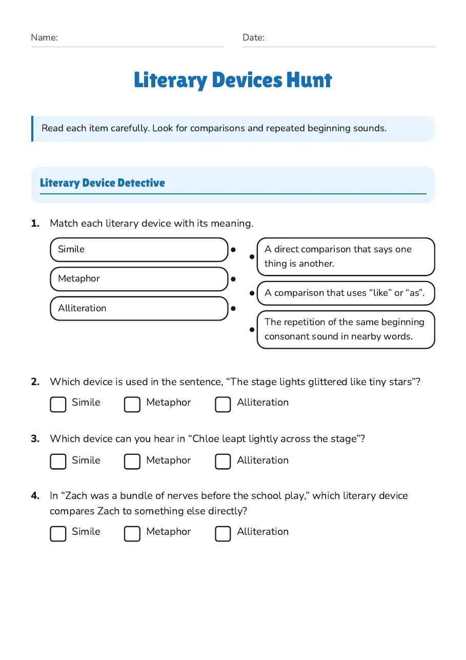 Literary Devices Hunt, page 1 of 3: Literary Device Detective